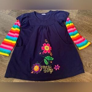 Navy Kids Top with Rainbow Sleeves and Floral Embroidery